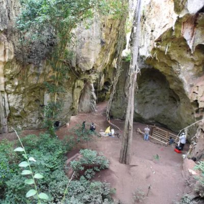 The cave in the forest in Kenya with the excavation team working at the mouth